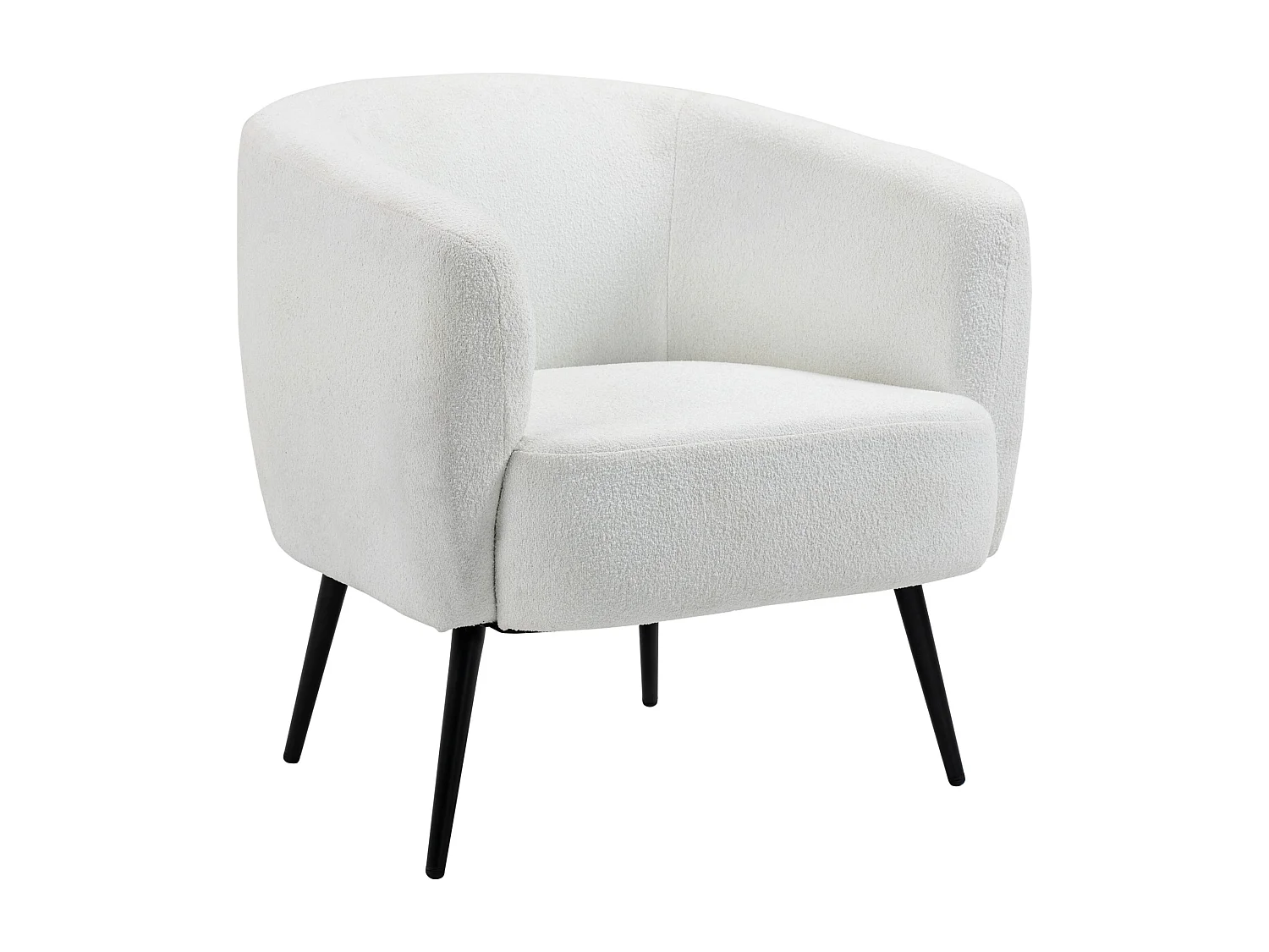 Fauteuil lounge design - piètement effilé incliné métal noir - revêtement effet laine bouclée blanc cassé