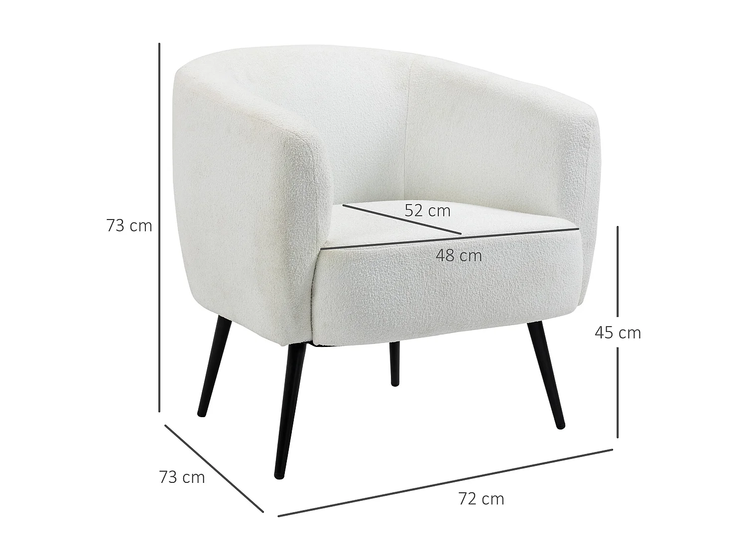 Fauteuil lounge design - piètement effilé incliné métal noir - revêtement effet laine bouclée blanc cassé