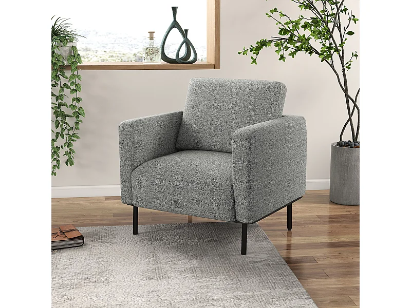 Fauteuil style contemporain grand confort piètement métal noir tissu toucher lin gris chiné