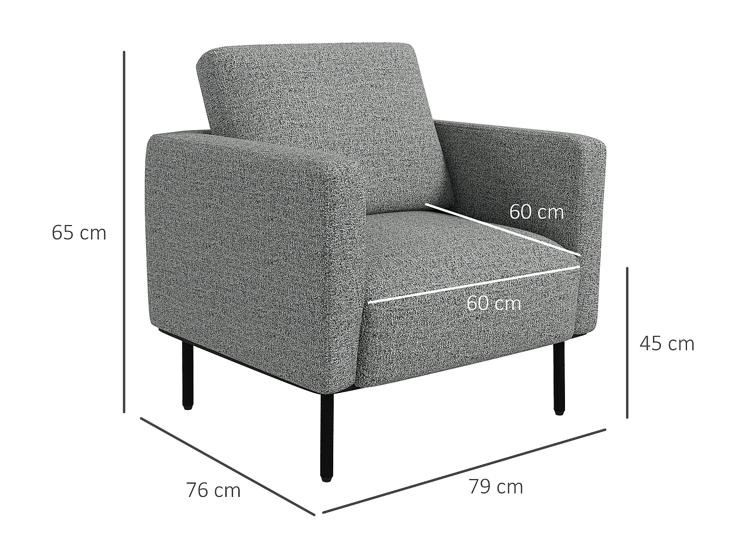 Fauteuil style contemporain grand confort piètement métal noir tissu toucher lin gris chiné