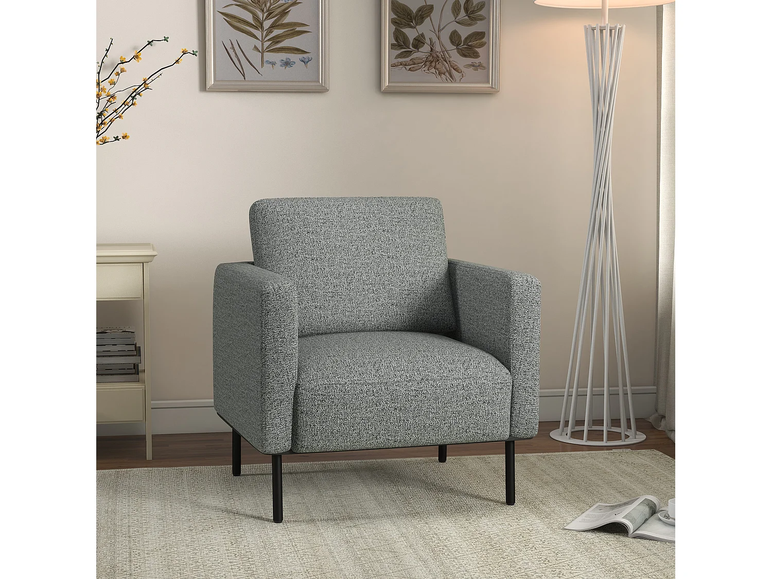 Fauteuil style contemporain grand confort piètement métal noir tissu toucher lin gris chiné