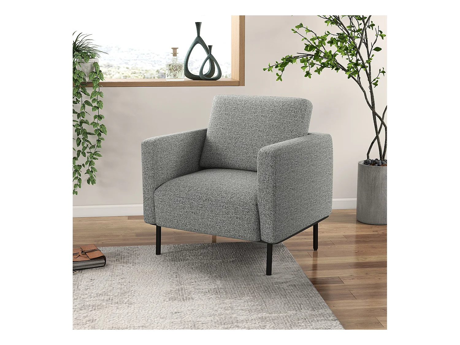 Fauteuil style contemporain grand confort piètement métal noir tissu toucher lin gris chiné