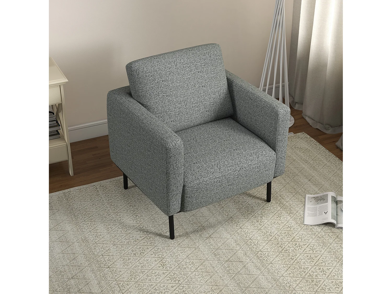 Fauteuil style contemporain grand confort piètement métal noir tissu toucher lin gris chiné