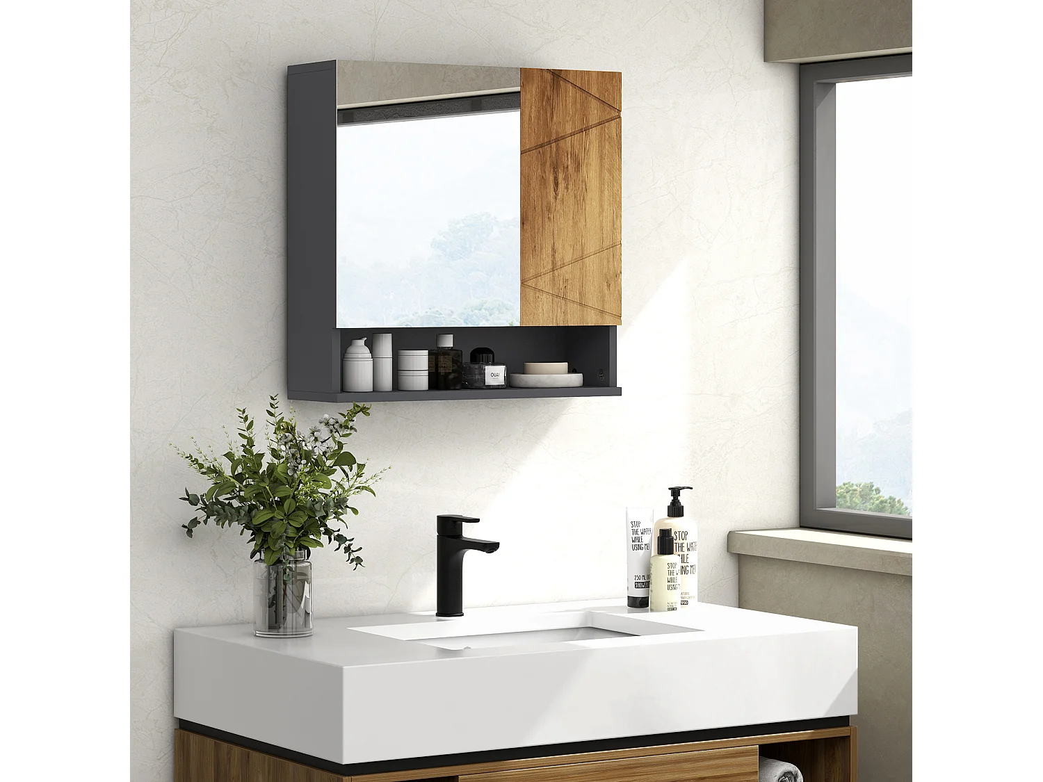 Armoire miroir de salle de bain - 2 portes, 2 étagères, niche - anthracite aspect bois