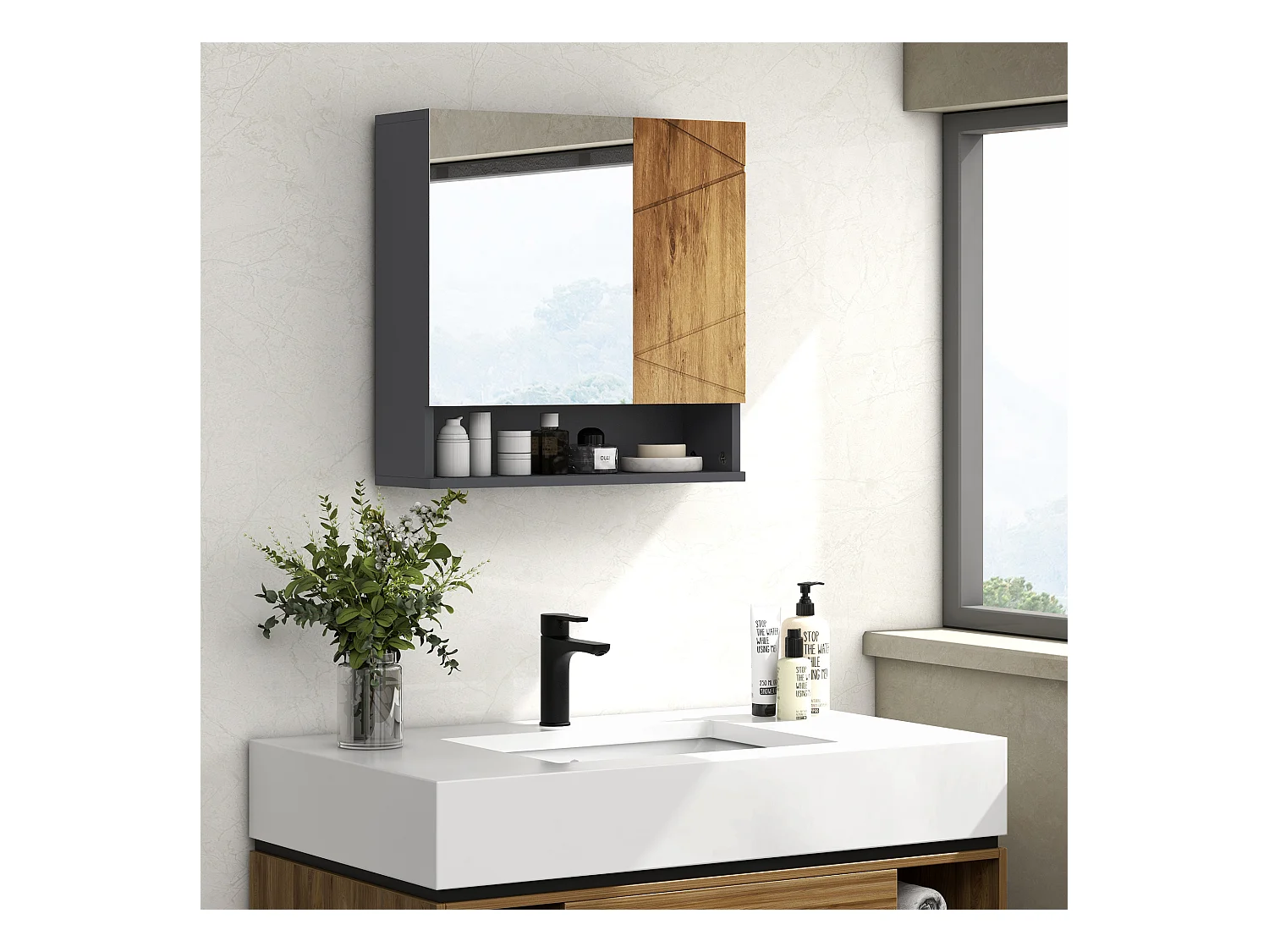 Armoire miroir de salle de bain - 2 portes, 2 étagères, niche - anthracite aspect bois