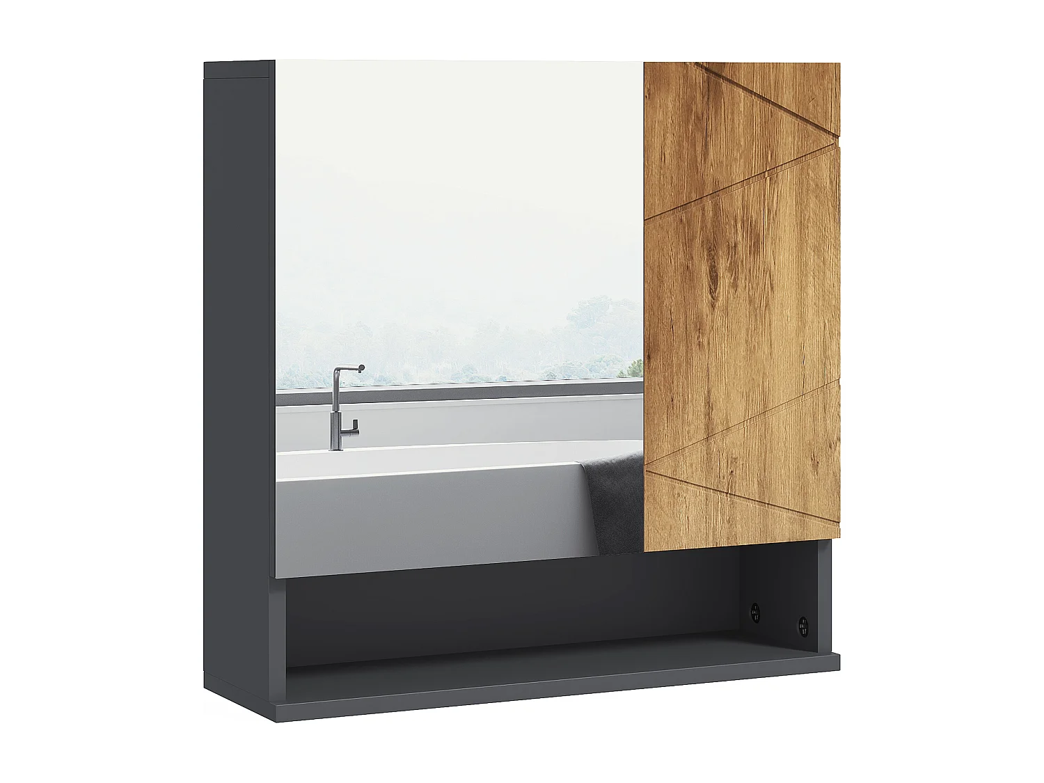 Armoire miroir de salle de bain - 2 portes, 2 étagères, niche - anthracite aspect bois