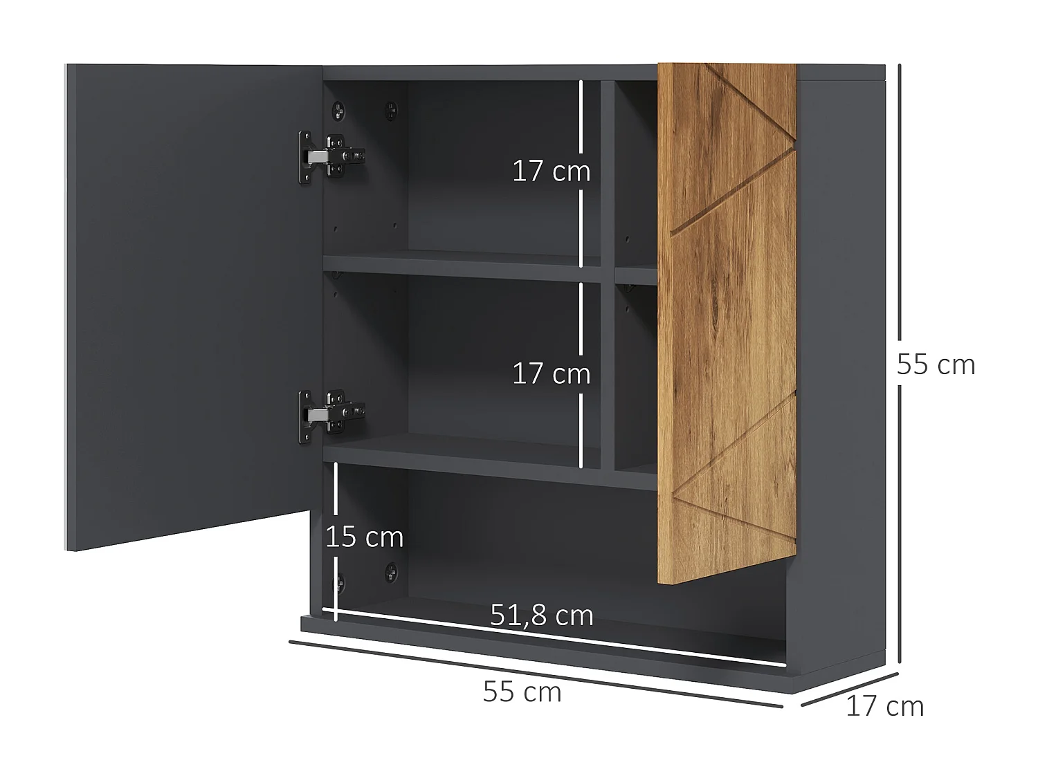 Armoire miroir de salle de bain - 2 portes, 2 étagères, niche - anthracite aspect bois