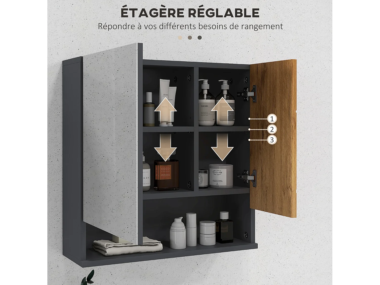 Armoire miroir de salle de bain - 2 portes, 2 étagères, niche - anthracite aspect bois