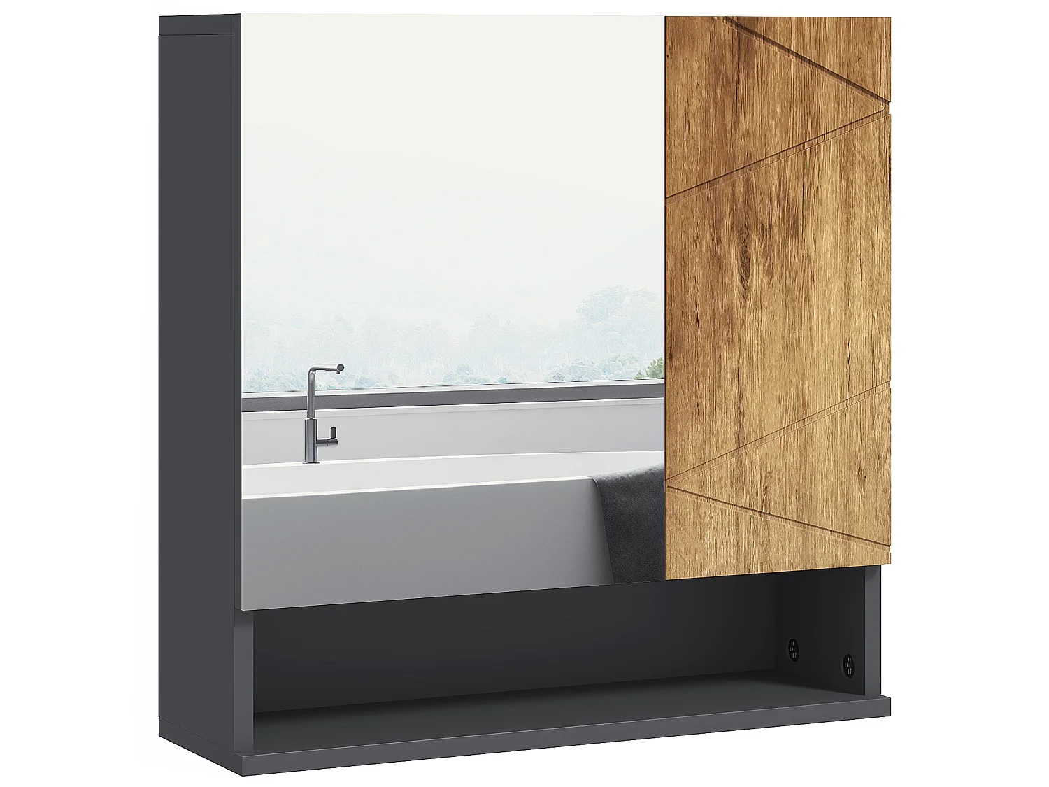 Armoire miroir de salle de bain - 2 portes, 2 étagères, niche - anthracite aspect bois