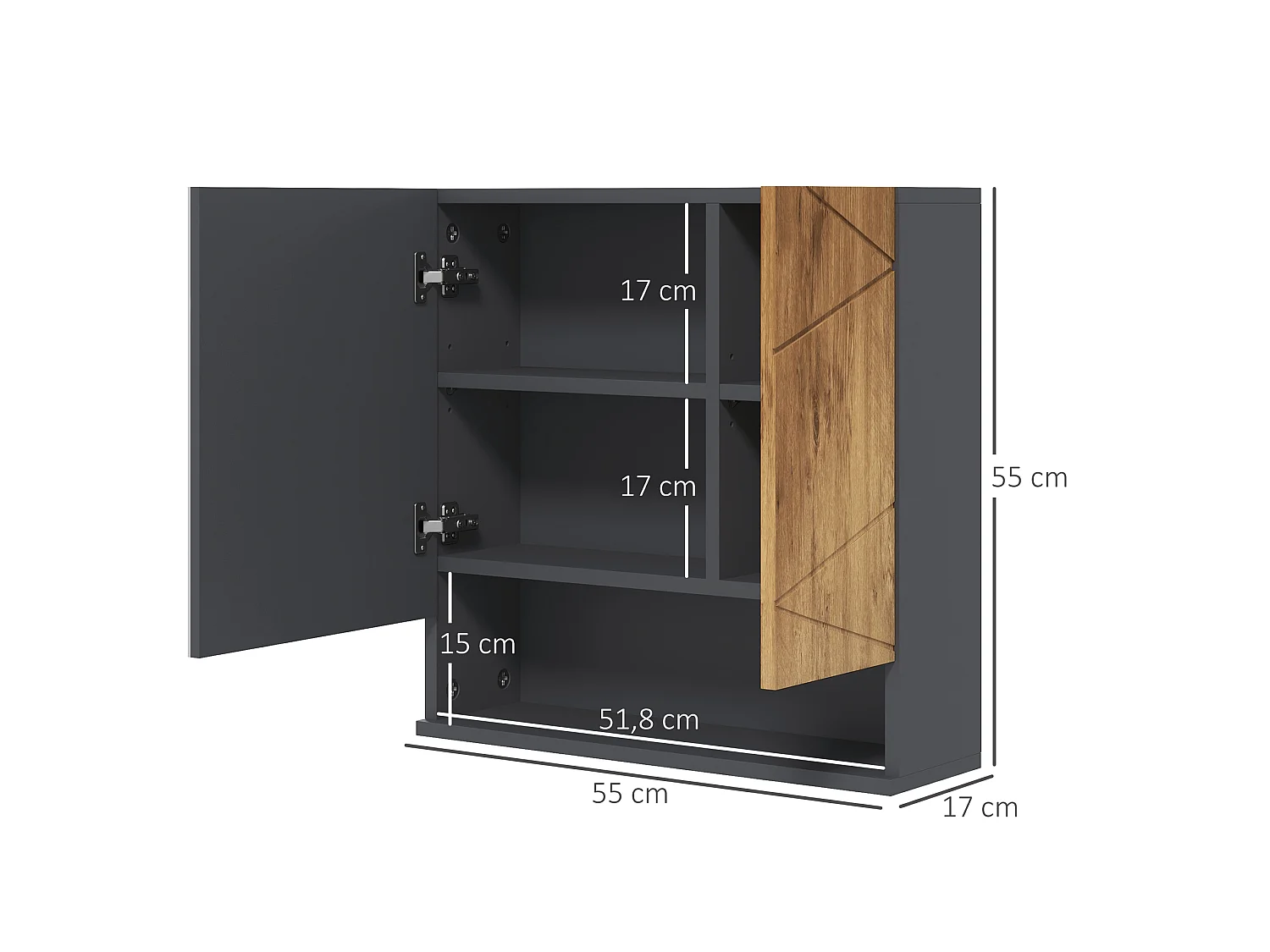 Armoire miroir de salle de bain - 2 portes, 2 étagères, niche - anthracite aspect bois