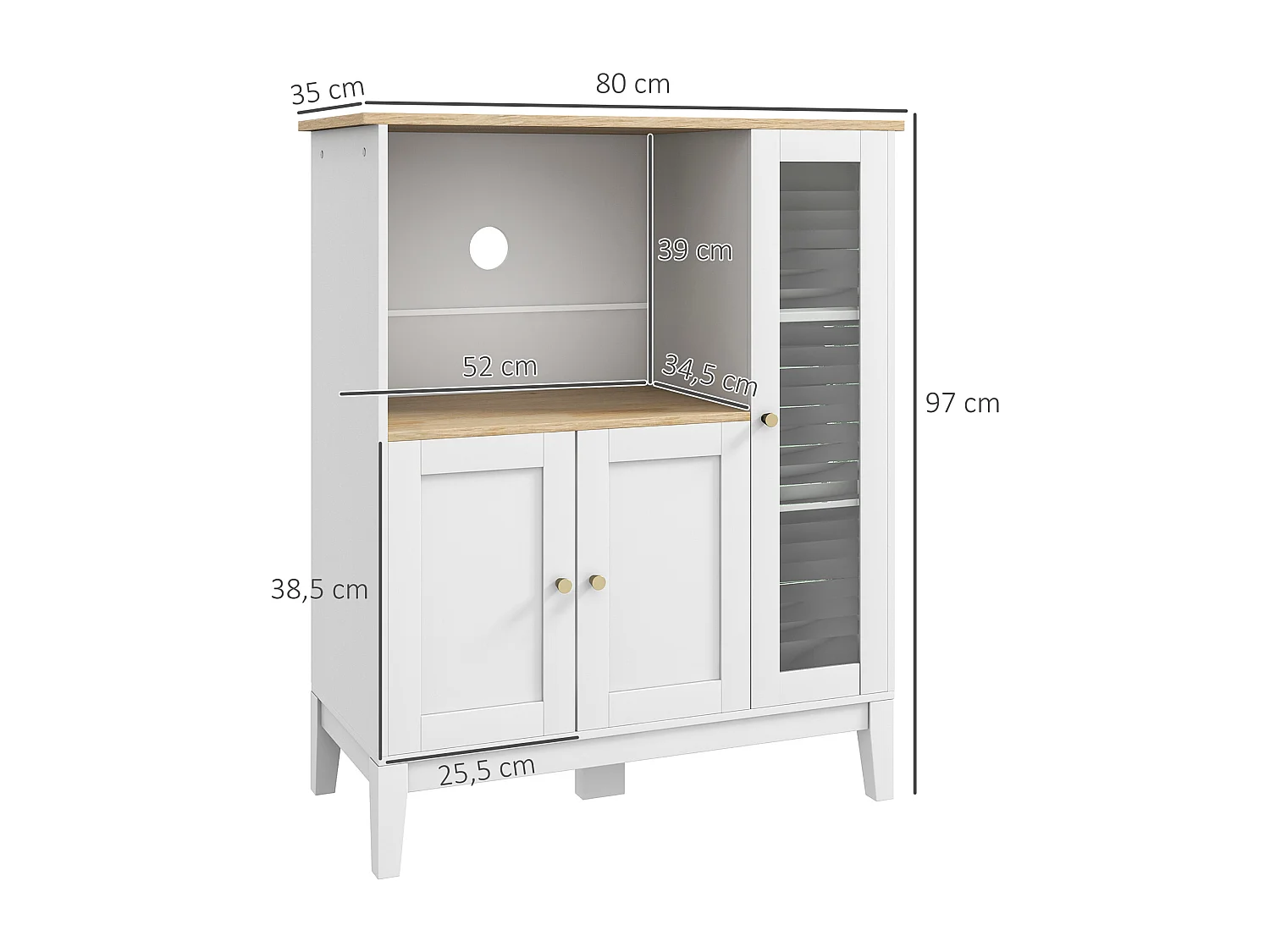 Buffet style classique chic - 3 portes 3 étagères niche petit électroménager - blanc aspect chêne clair