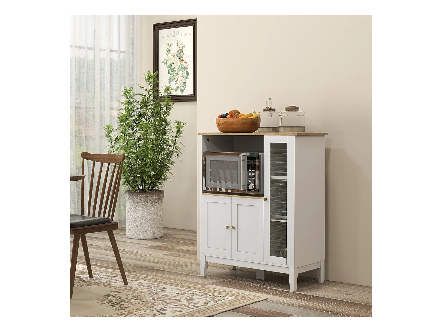 Buffet style classique chic - 3 portes 3 étagères niche petit électroménager - blanc aspect chêne clair