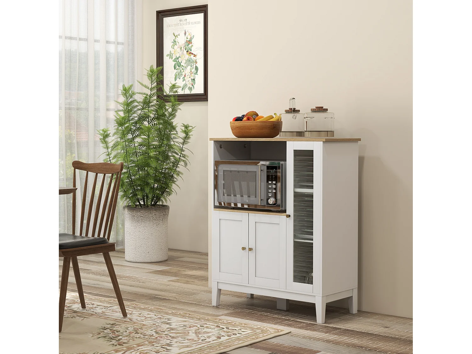 Buffet style classique chic - 3 portes 3 étagères niche petit électroménager - blanc aspect chêne clair