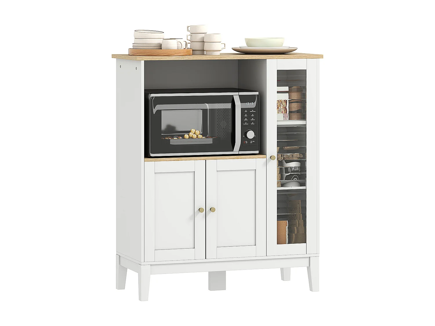 Buffet style classique chic - 3 portes 3 étagères niche petit électroménager - blanc aspect chêne clair