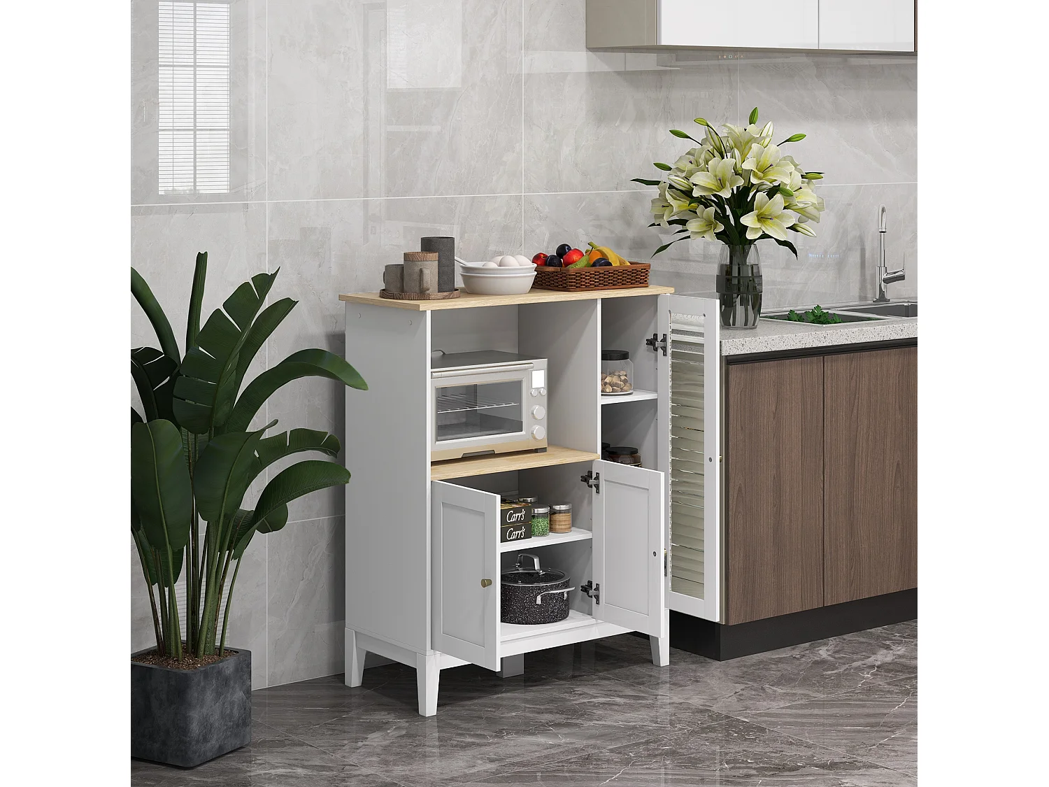 Buffet style classique chic - 3 portes 3 étagères niche petit électroménager - blanc aspect chêne clair