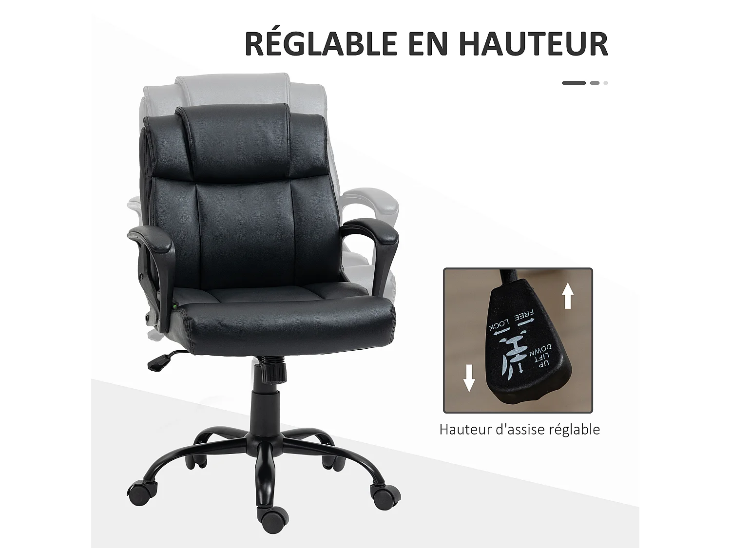 Chaise de bureau ergonomique - hauteur réglable, pivotante 360° - accoudoirs rembourrés - acier synthétique noir