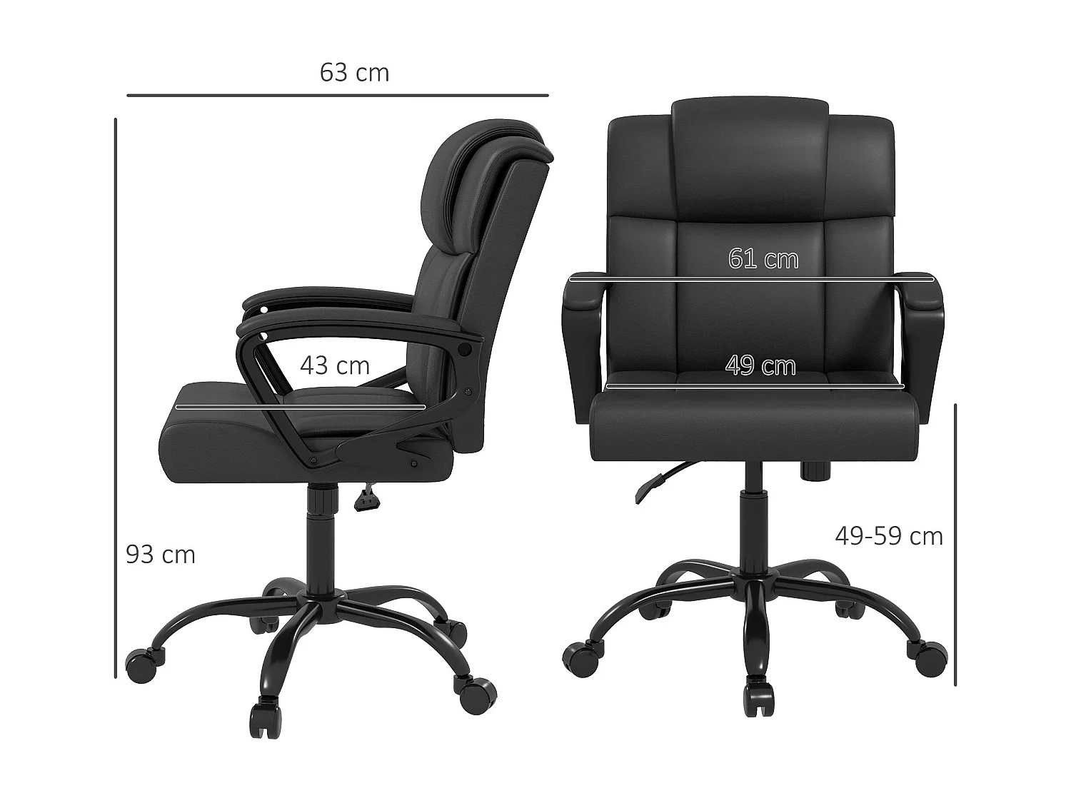 Chaise de bureau ergonomique - hauteur réglable, pivotante 360° - accoudoirs rembourrés - acier synthétique noir
