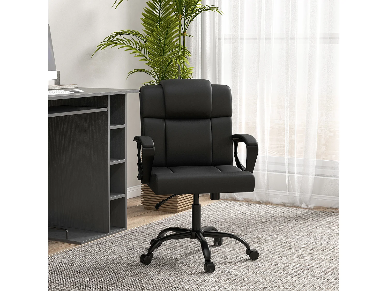 Chaise de bureau ergonomique - hauteur réglable, pivotante 360° - accoudoirs rembourrés - acier synthétique noir