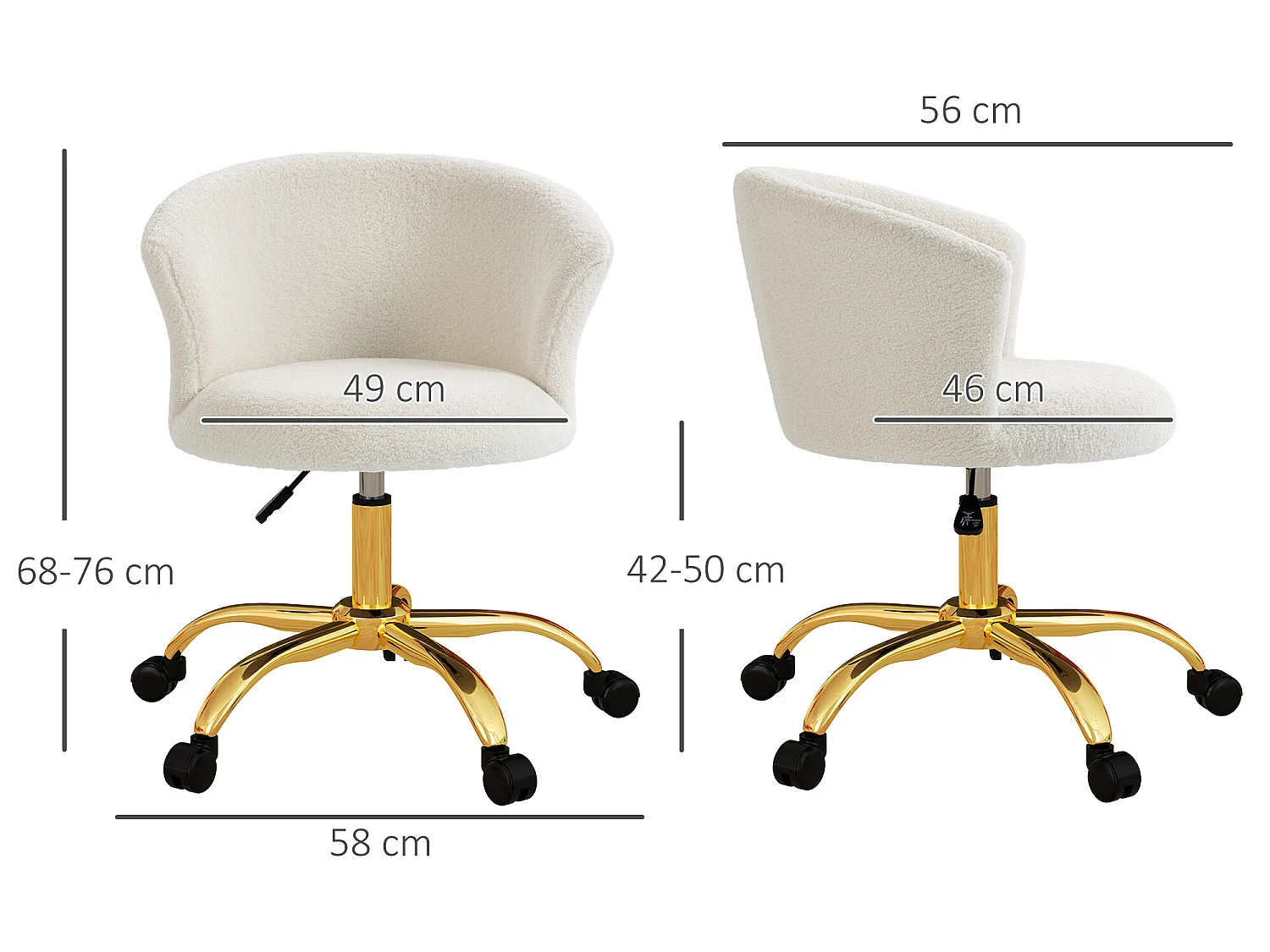 Chaise de bureau design effet courte laine bouclée piètement métal doré blanc