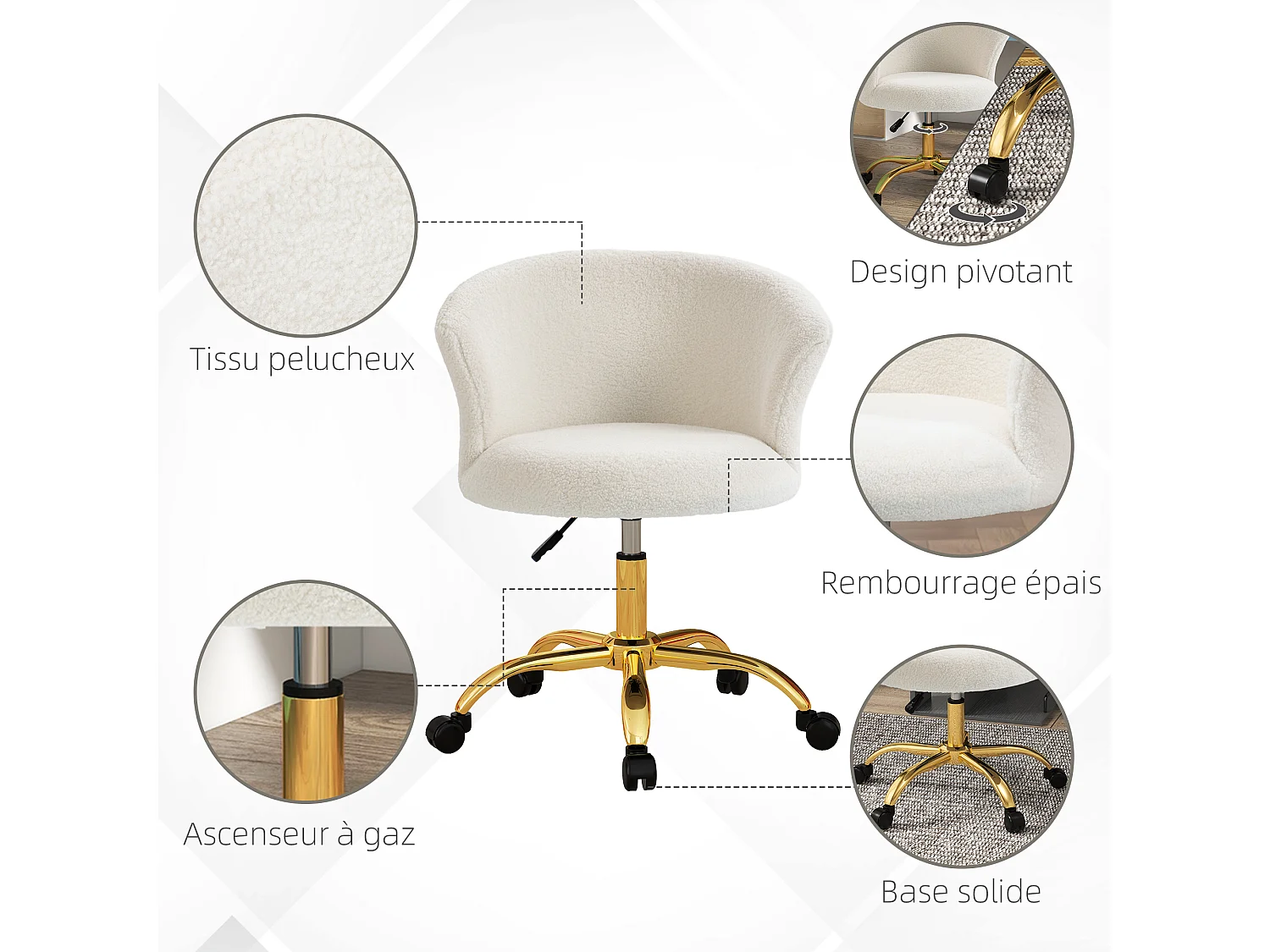 Chaise de bureau design effet courte laine bouclée piètement métal doré blanc