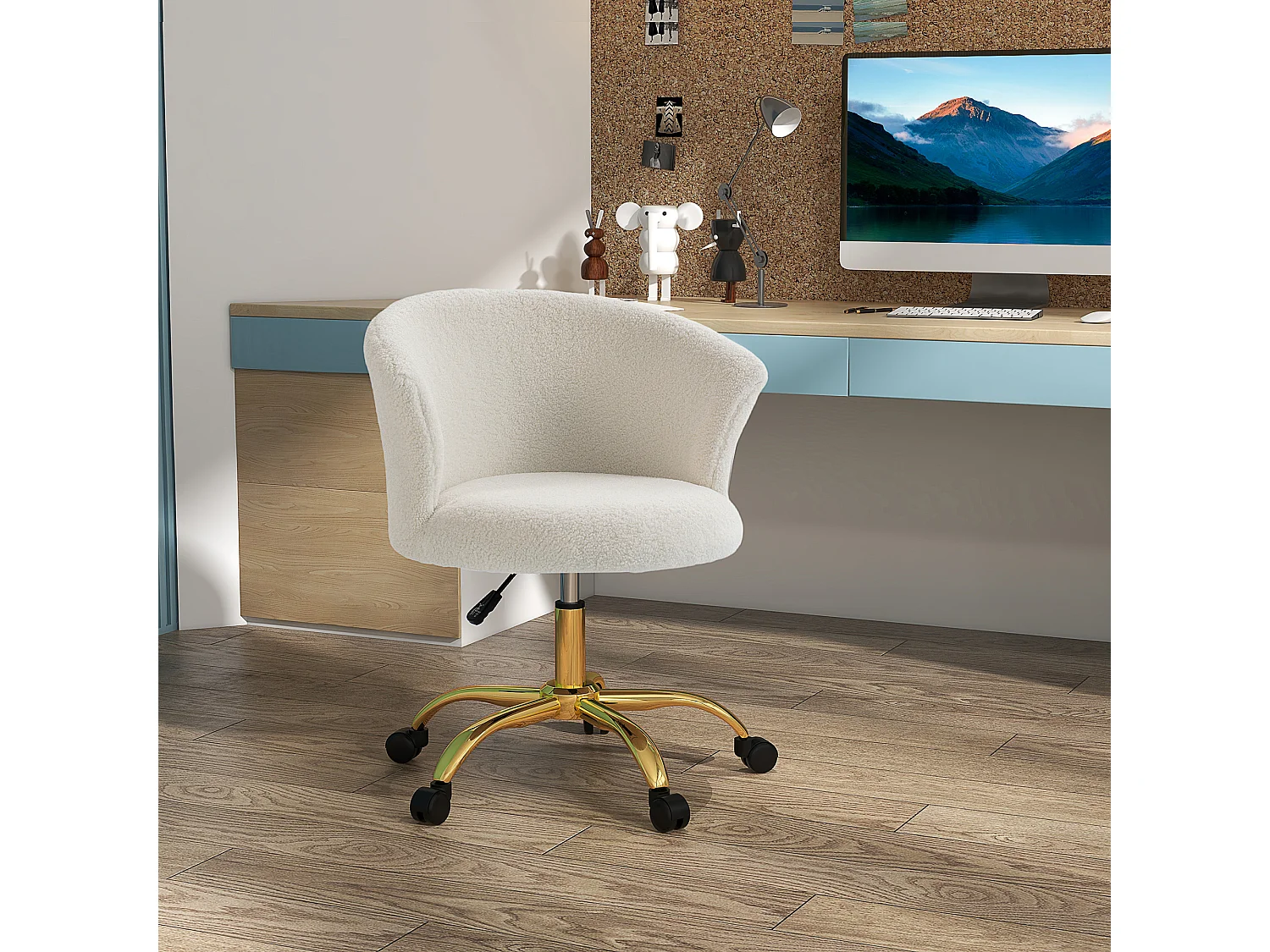 Chaise de bureau design - hauteur réglable, pivotante - piètement métal doré revêtement effet courte laine bouclée