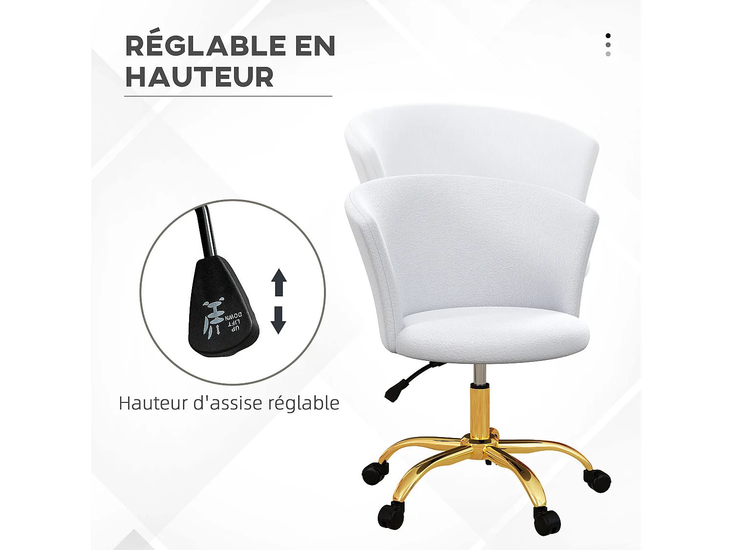 Chaise de bureau design - hauteur réglable, pivotante - piètement métal doré revêtement effet courte laine bouclée
