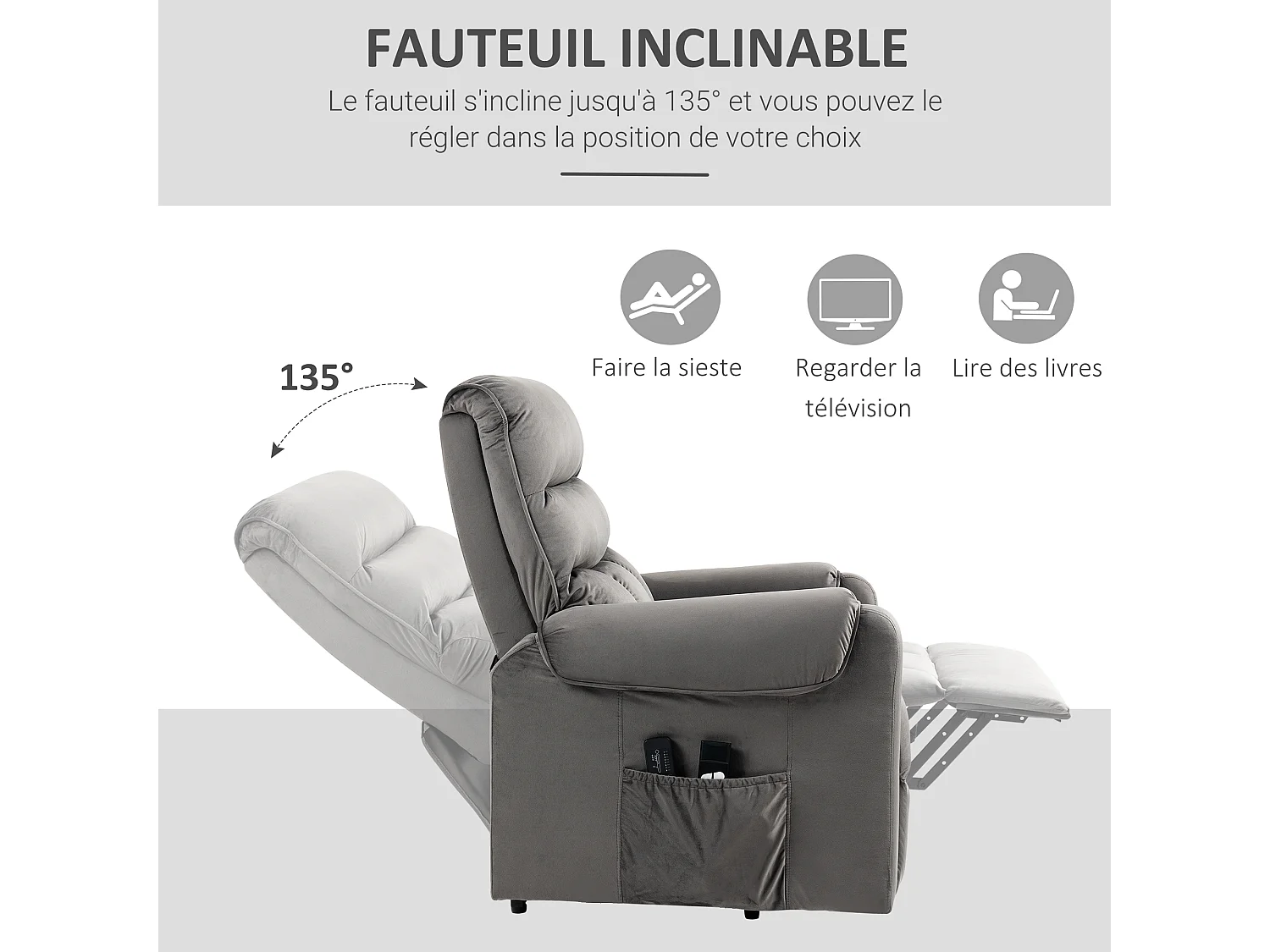 Fauteuil de massage fauteuil releveur électrique inclinaison réglable repose-pied ajustable velours anthracite