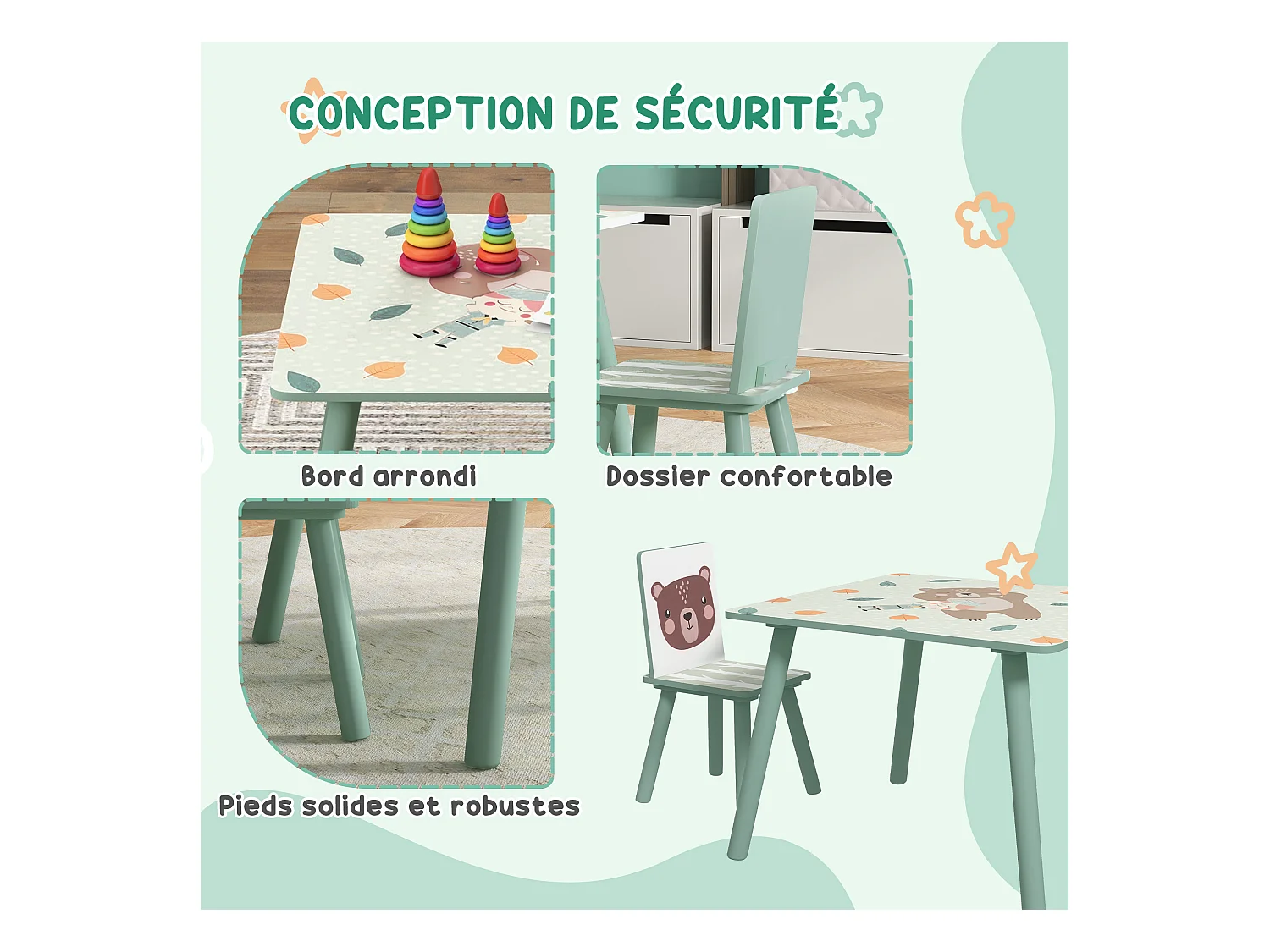 Ensemble table et chaises enfant design animaux de la forêt - table carrée + 2 chaises - bois pin MDF vert