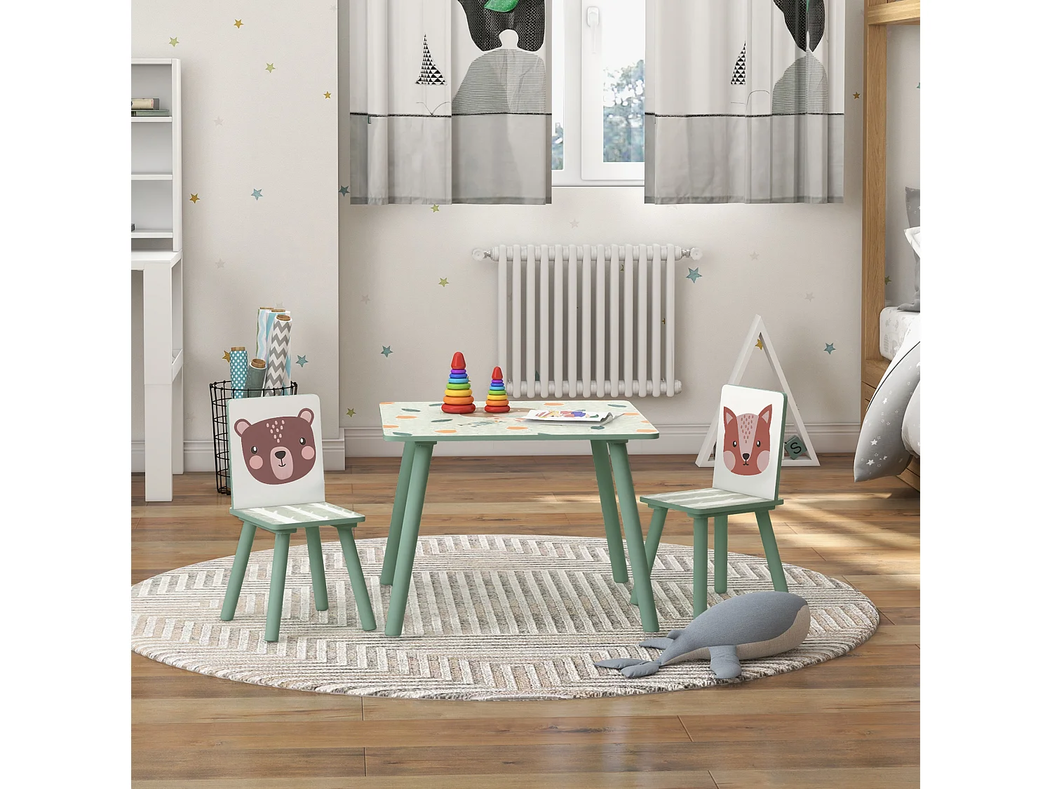 Ensemble table et chaises enfant design animaux de la forêt - table carrée + 2 chaises - bois pin MDF vert
