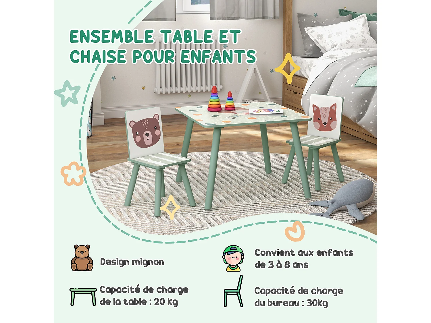 Ensemble table et chaises enfant design animaux de la forêt - table carrée + 2 chaises - bois pin MDF vert