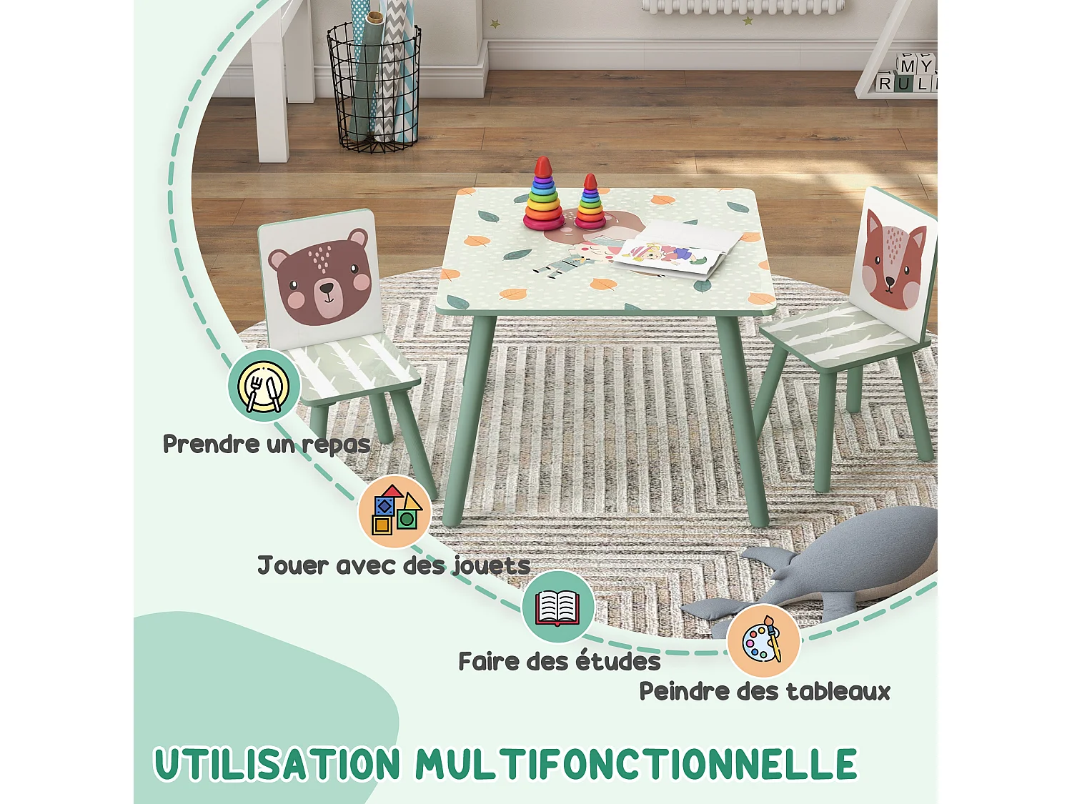 Ensemble table et chaises enfant design animaux de la forêt - table carrée + 2 chaises - bois pin MDF vert