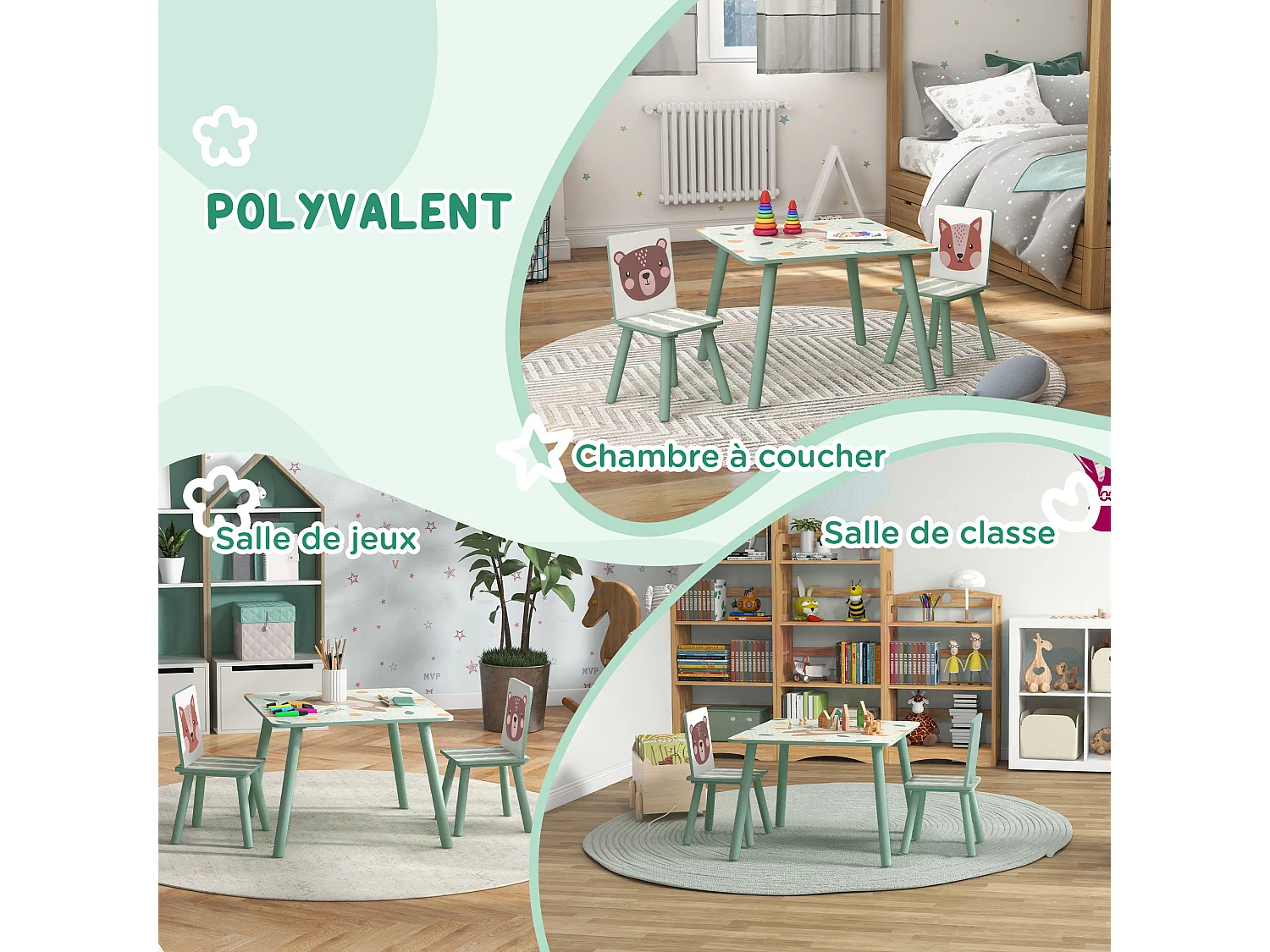 Ensemble table et chaises enfant design animaux de la forêt - table carrée + 2 chaises - bois pin MDF vert