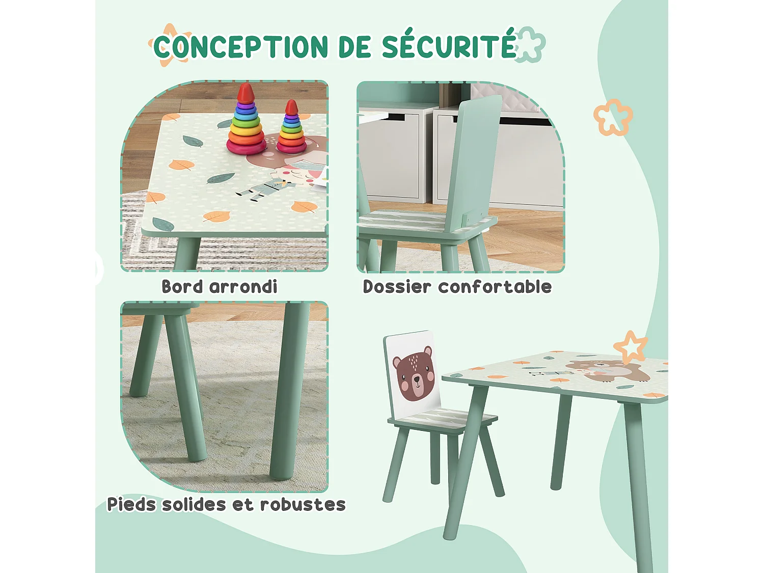 Ensemble table et chaises enfant design animaux de la forêt - table carrée + 2 chaises - bois pin MDF vert