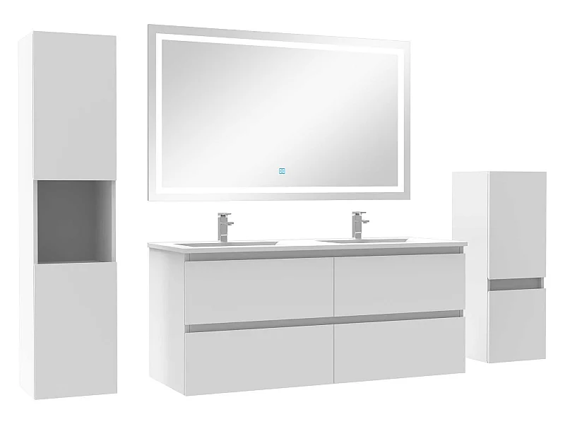 Ensemble meubles Salle de Bain 120cm double vasque + colonne + miroir LED Blanc