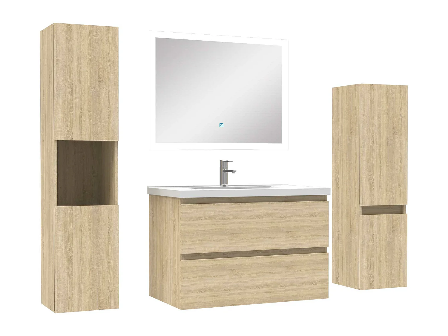 Ensemble meuble de salle de bain 80cm simple vasque + colonne de rangement + miroir Chêne Wotan