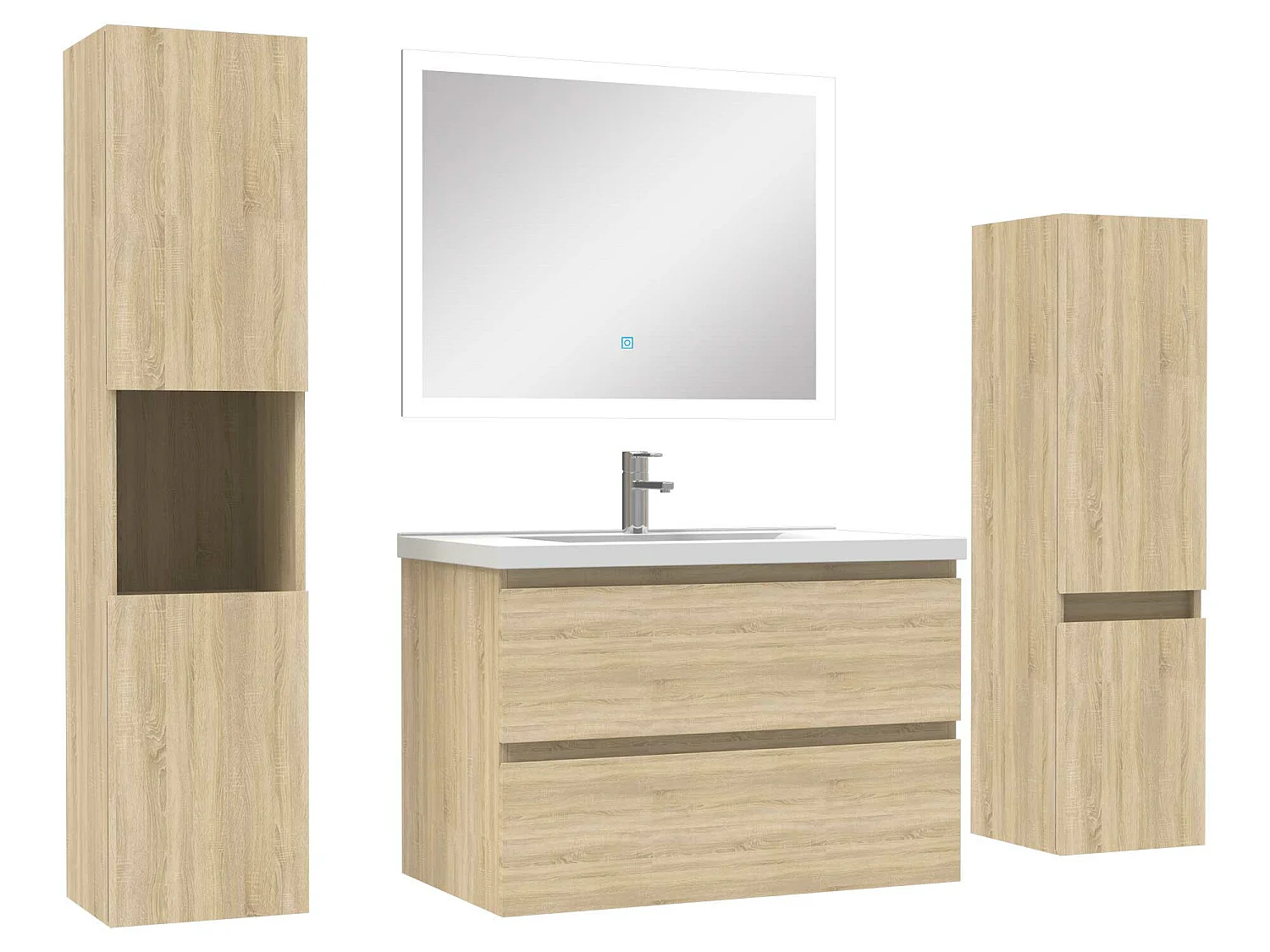 Ensemble meuble de salle de bain 80cm simple vasque + colonne de rangement + miroir Chêne Wotan