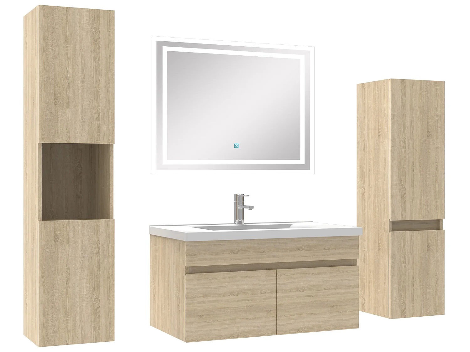 Meuble Salle de Bain Chêne Wotan 80cm simple vasque + colonne + miroir LED