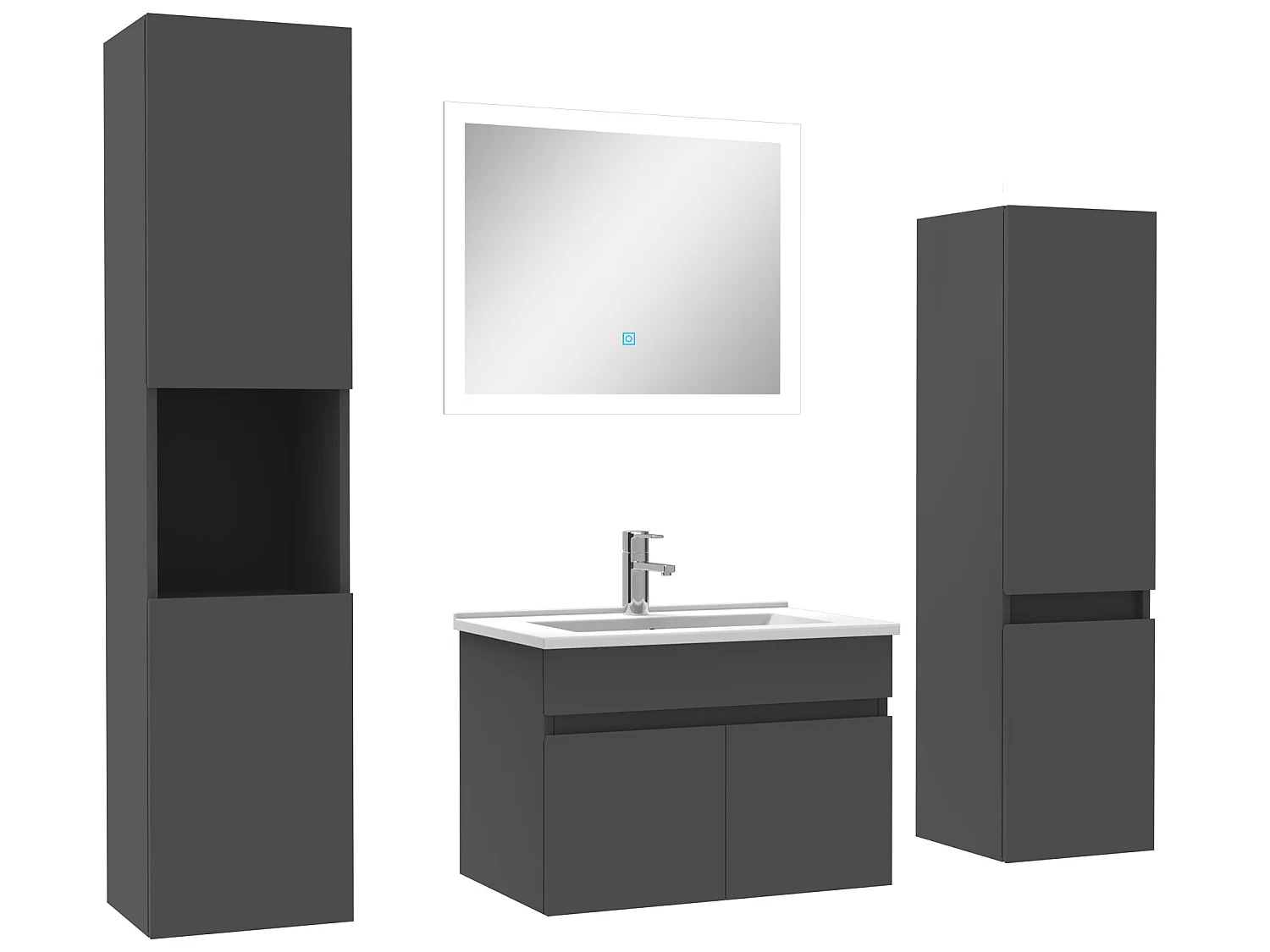 Ensemble meuble vasque 60cm + colonne de rangement + miroir lumineux Anthracite