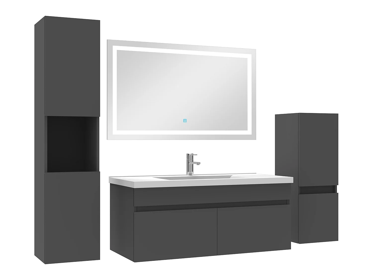 Meuble Salle de Bain 100cm simple vasque + colonne + miroir LED Anthracite