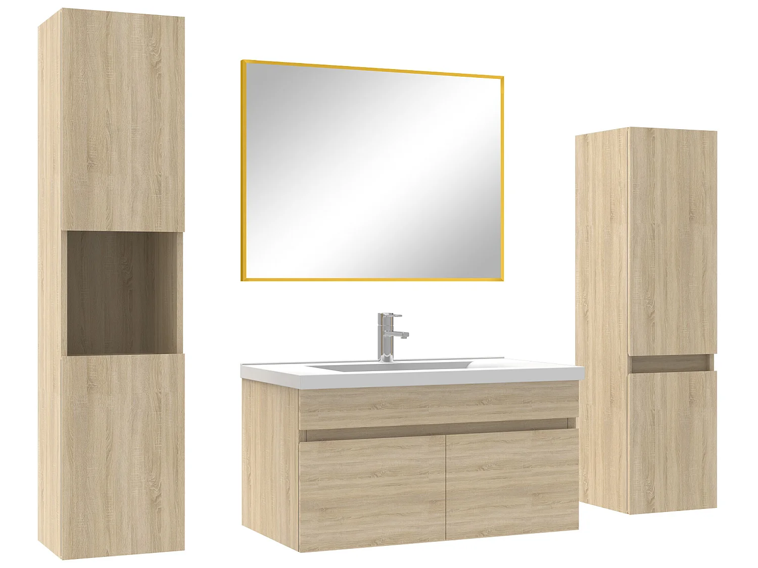 Ensemble meubles Salle de Bain 80cm avec colonne + miroir Chêne Wotan