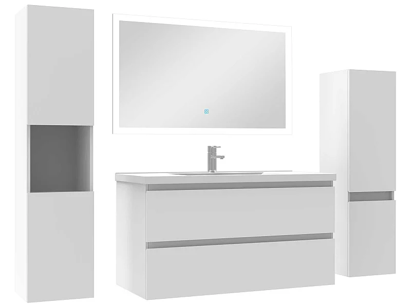 Ensemble meuble de salle de bain 100cm simple vasque + colonne de rangement + miroir Blanc