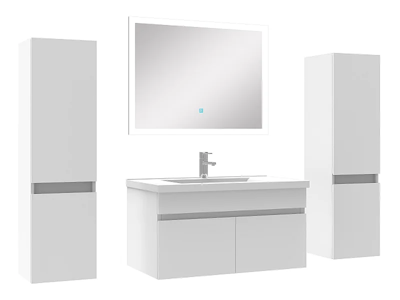 Ensemble meuble simple vasque L.80cm avec colonne + miroir Blanc
