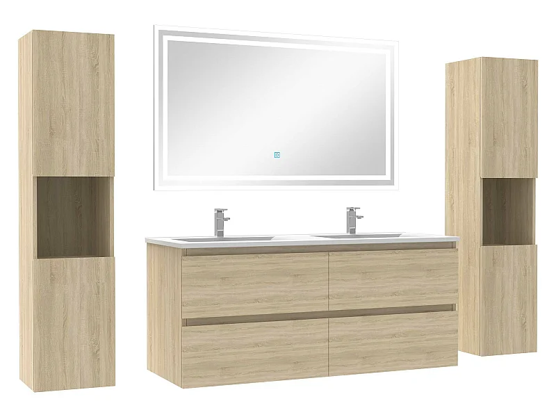 Ensemble meubles Salle de Bain 120cm avec colonne + miroir lumineux Chêne Wotan