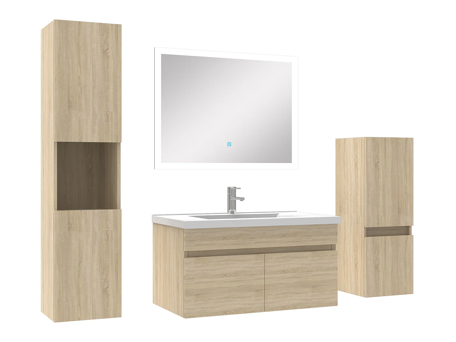 Ensemble meuble vasque 80cm et colonne de rangement et miroir lumineux Chêne Wotan