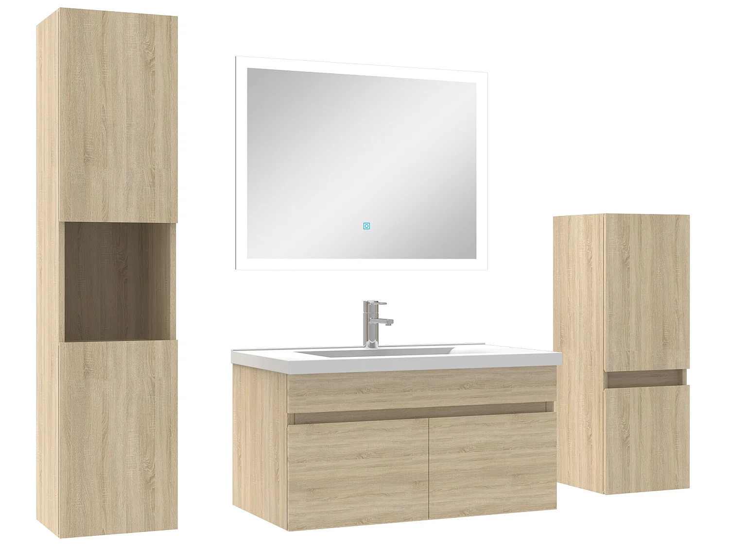 Ensemble meuble vasque 80cm et colonne de rangement et miroir lumineux Chêne Wotan