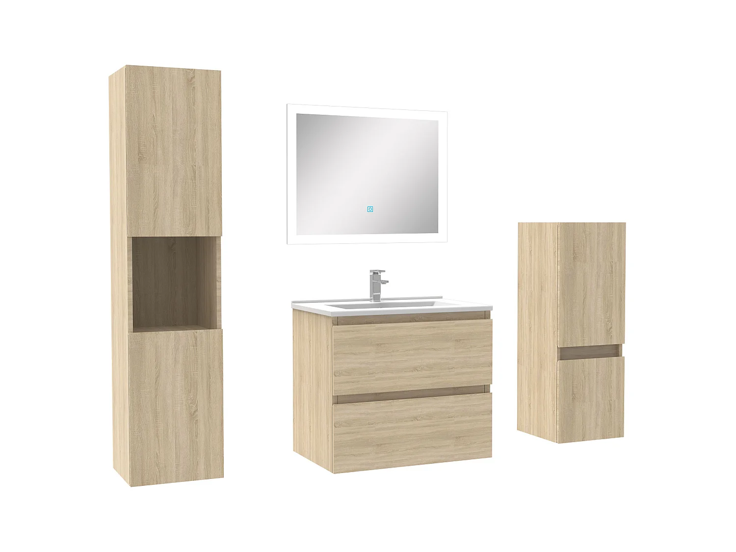 Ensemble meuble de salle de bain 60cm vasque + colonne de rangement + miroir Chêne Wotan