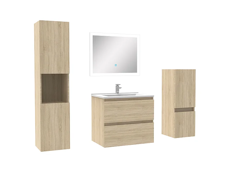 Ensemble meuble de salle de bain 60cm vasque + colonne de rangement + miroir Chêne Wotan