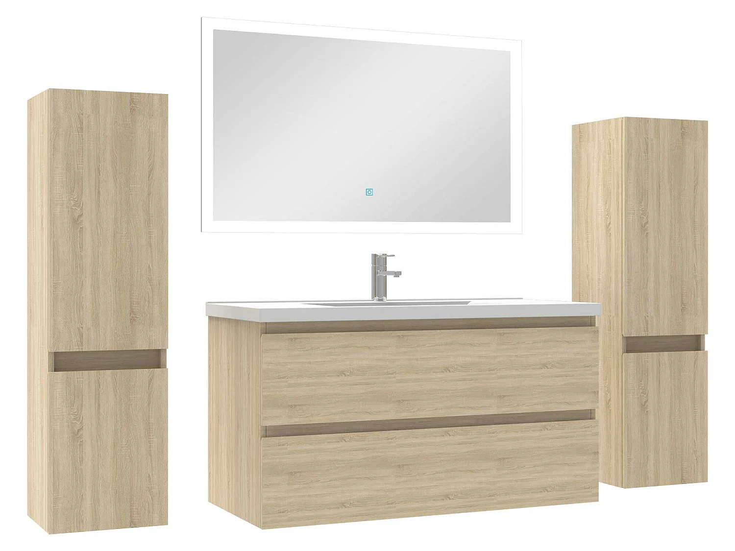Ensemble meubles Salle de Bain 100cm vasque + colonnex2 + LED miroir Chêne Wotan