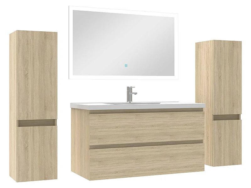 Ensemble meubles Salle de Bain 100cm vasque + colonnex2 + LED miroir Chêne Wotan