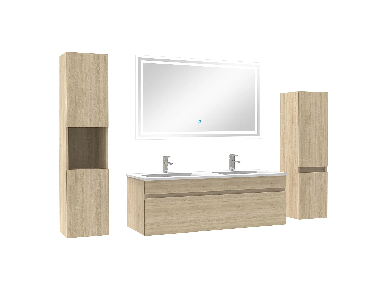 Meuble Salle de Bain Chêne Wotan 120cm double vasque + colonne + miroir LED